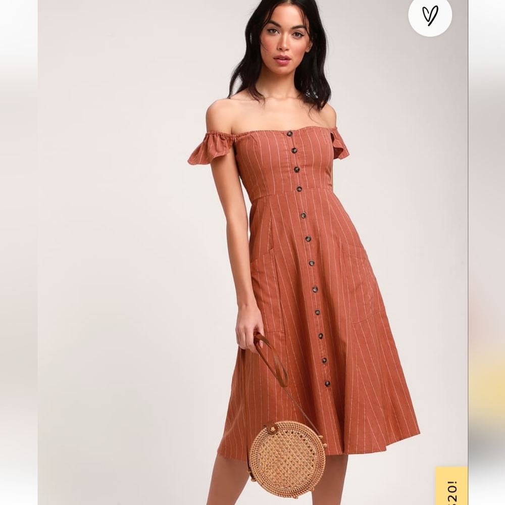 NWT Lulu's Shady Spot Rusty Rose Striped Off-the-Shoulder Midi Dress